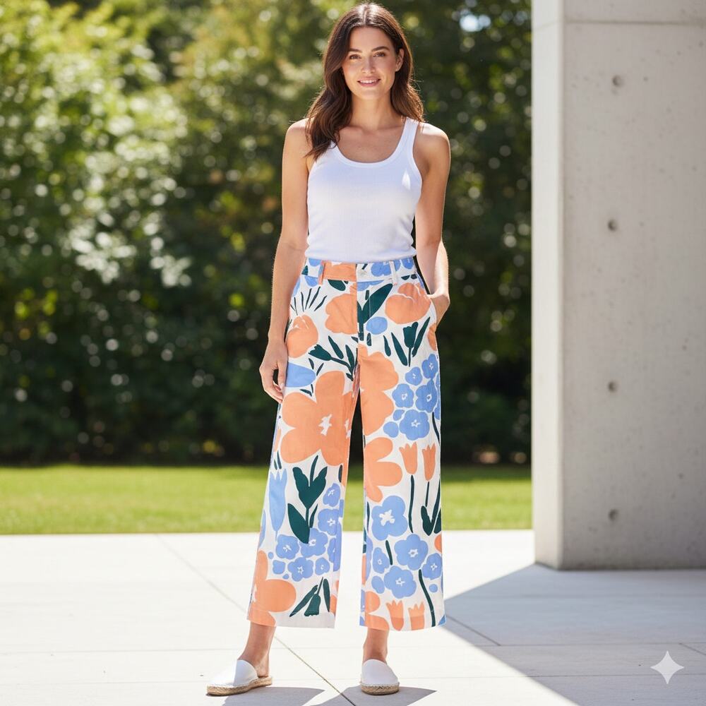 Uniqlo Marimekko 2026 Floral Wide Leg Pants XS Pink Orange Cotton High Rise Boho